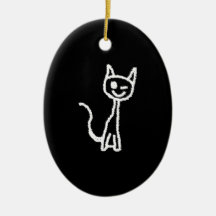 Cute White Cat Cartoon. On Black. Christmas Tree Ornaments