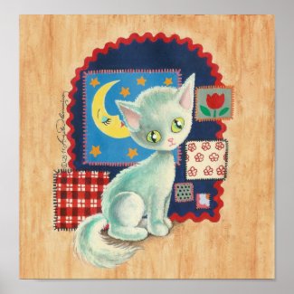 Cute White Kitten and Quilt Patchwork Art Print