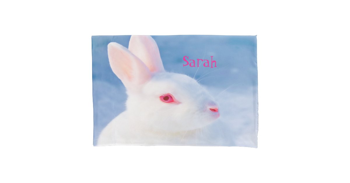 Cute white rabbit on blue background add name pillow case Zazzle