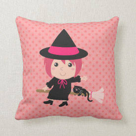 Cute Witch and Black Cat on Flying Broom Pillows