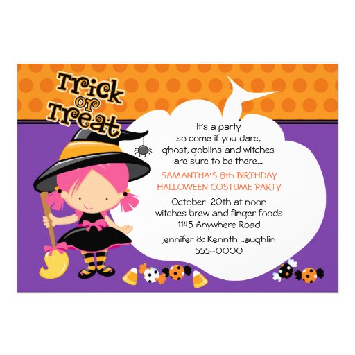Cute Witch and Candy Halloween Birthday Personalized Invite (front side)