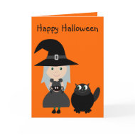 Cute Witch, Spider & Cat Halloween Greeting Card