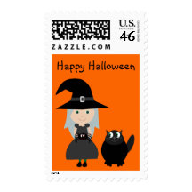 Cute Witch, Spider & Cat Halloween Orange Stamp