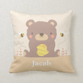 Cute Woodland Bear and Bees Nursery Room Decor Pillow