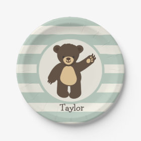 Cute Woodland Brown Bear; Sage Green Stripes 7 Inch Paper Plate