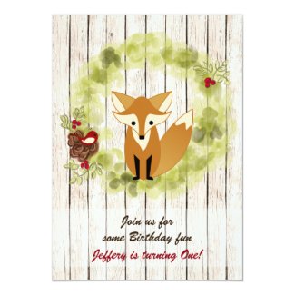 Cute Woodland Fox and Winter Wreath 1st Birthday 5x7 Paper Invitation Card