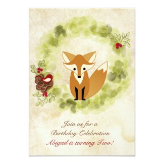 Cute Woodland Fox, Bird and Winter Wreath Birthday 5x7 Paper Invitation Card