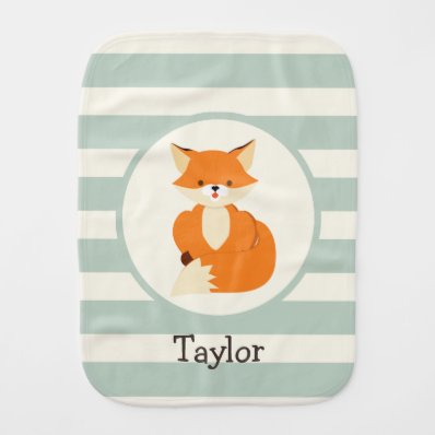 Cute Woodland Fox on Sage Green Stripes Baby Burp Cloths