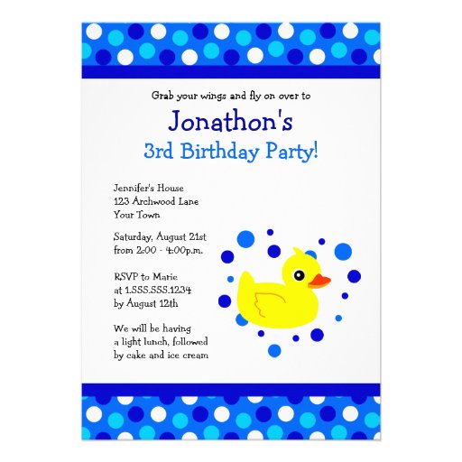 Cute Yellow Ducky Blue Polka Dots Birthday Invite (front side)