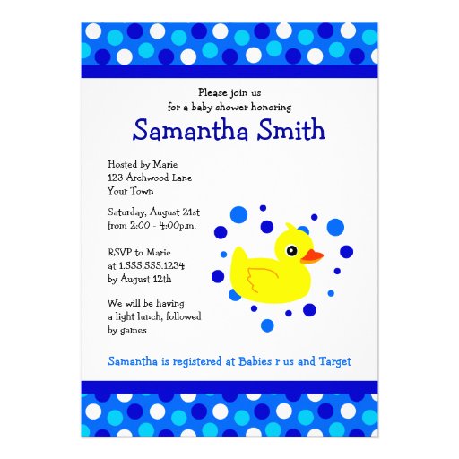 Cute Yellow Ducky on Blue Dots Baby Shower Invite