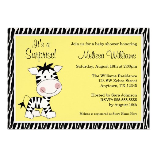 Cute Yellow Zebra Gender Neutral Baby Shower Personalized Invitation