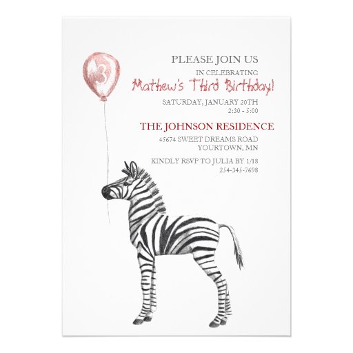 Cute Zebra Boy's Third Birthday Party Invitation