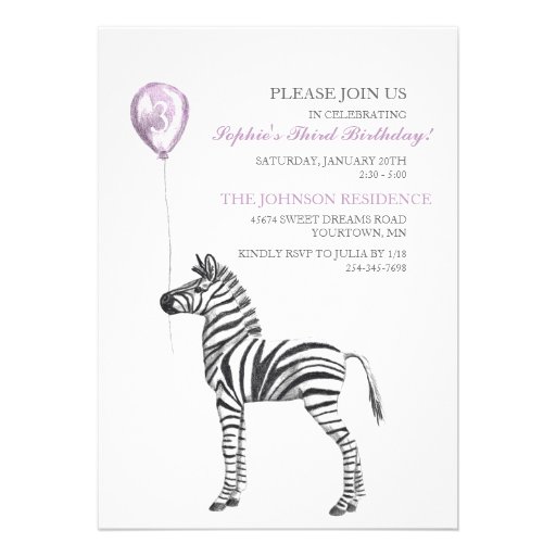 Cute Zebra Girl's Third Birthday Party Invitation (front side)