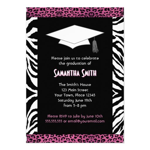 Cute Zebra & Pink Leopard Print Photo Graduation Personalized Invitation