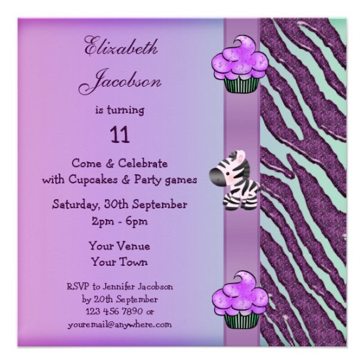 Cute Zebra & Purple Cupcakes Animal Print Party Personalized Announcements