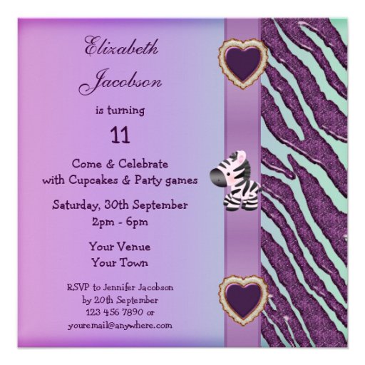 Cute Zebra & Purple Faux Jewel Hearts Animal Print Personalized Invitations