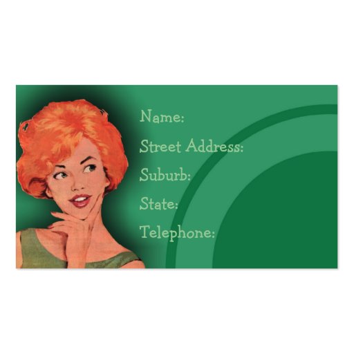 Cutesy Retro Redhead Hairdressing Card Green Business Cards (front side)
