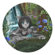 Cutie Anime Kitten Waterfalls 1 Round Stickers