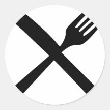 cutlery fork and knife crossed round sticker