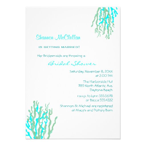 Cyan Coral Beach Bridal Shower Invitations