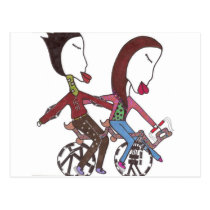 cycling couple on postcard postcards