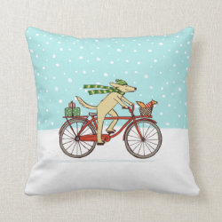 Cycling Dog and Squirrel Whimsical Winter Holiday Throw Pillow