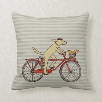 Cycling Dog with Squirrel Friend - Fun Animal Art Throw Pillow