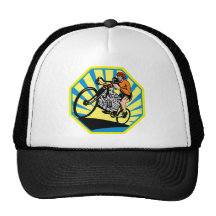 Cyclist riding racing bicycle with v8 car engine mesh hat