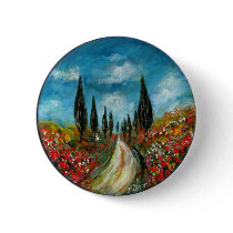 Cypress Trees and Poppies in Tuscany,Button by bulgan_lumini Cypress Trees and Poppies in Tuscany,Button