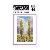 Cypresses in Sunflower Field postage