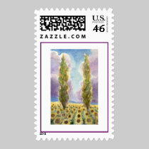 Cypresses in Sunflower Field postage