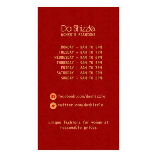 Da Shizzle Fashion Business Card (back side)