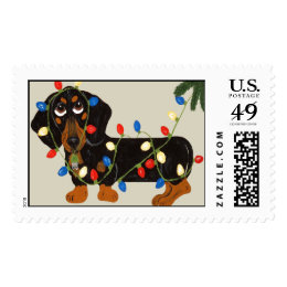 Dachshiund  Tangled In Christmas Lights (Blk/Tan Postage
