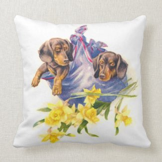 Dachshund Puppies in Blanket with Daffodils Throw Pillows