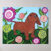 Dachshund Puppy in Flowers Print