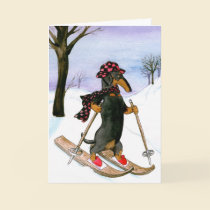 Dachshund Skiing Christmas Card