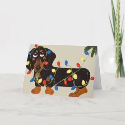 Dachshund Tangled In Christmas Lights Blk/Tan Greeting Cards