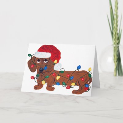 Dachshund Tangled In Christmas Lights (Red) Greeting Cards