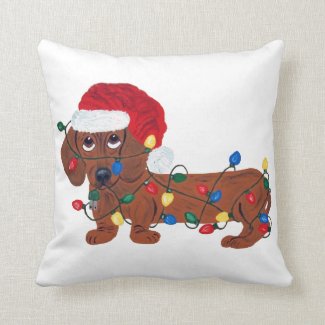Dachshund Tangled In Christmas Lights (Red) Throw Pillows