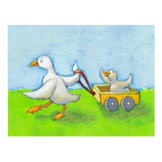 Dad - Father daddy duck baby in wagon cute fun art Post Card