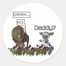 Daddy? asks a cute lamb to a big lion round sticker