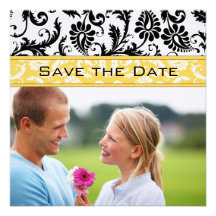 Daffodil Yellow & Black Damask Save the Date Announcements