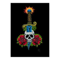 Dagger, Skull, and Roses Print by JesseDeering Dagger, Skull, and Roses Print