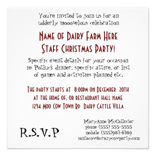 Dairy Farm Staff Christmas Party Personalized Announcements