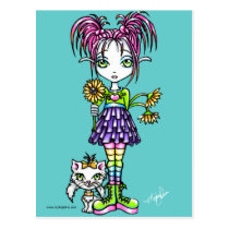kitty, cat, rainbow, cute, flower, child, gothic, flowers, pigtails, emo, children, kids, fantasy, postcard, art, myka, jelina, fairy, fae, faerie, fairies, faery, daisy, cats, Cartão postal com design gráfico personalizado