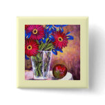 Daisy Iris Flowers Vase Painting Art - Multi buttons