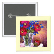 Daisy Iris Flowers Vase Painting Art - Multi buttons