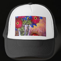 Daisy Iris Flowers Vase Painting Art - Multi hats