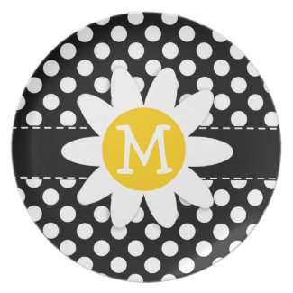 Daisy on Black and White Polka Dots Dinner Plates