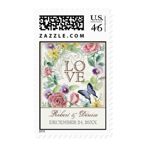 Daisy Pansy Rose n Butterfly, Wedding Love Postage stamp